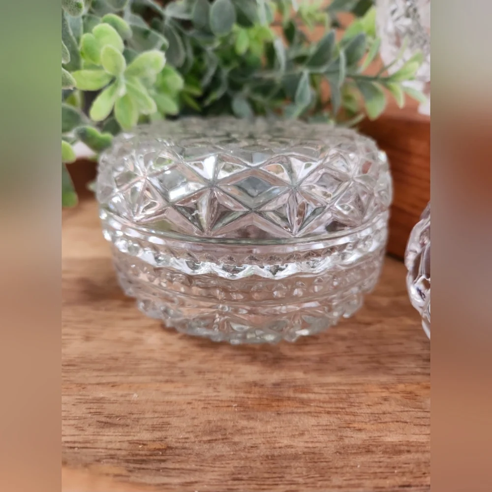 Vintage EAPG Clear Cut Glass Starburst Bowl Hobnail Trinket Box Votive Holder
